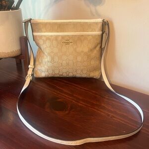 Coach Tan Cream Canvas jacquard logo Crossbody File Bag